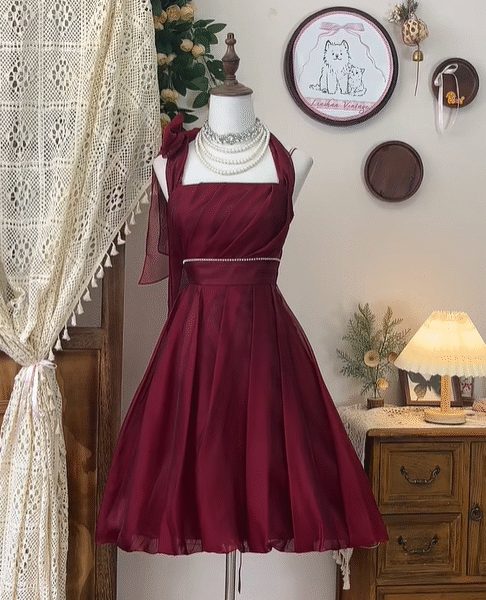 Vintage Burgundy Halter Chiffon A Line Homecoming Dress Cocktail Dress Mini Birthday Outfits S326