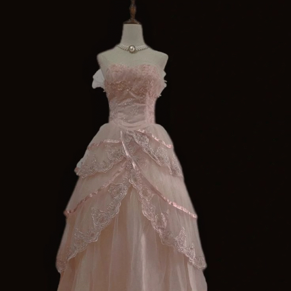 Pink Tulle With Lace Princess Party Dress. Strapless Birthday Evening Dress S184