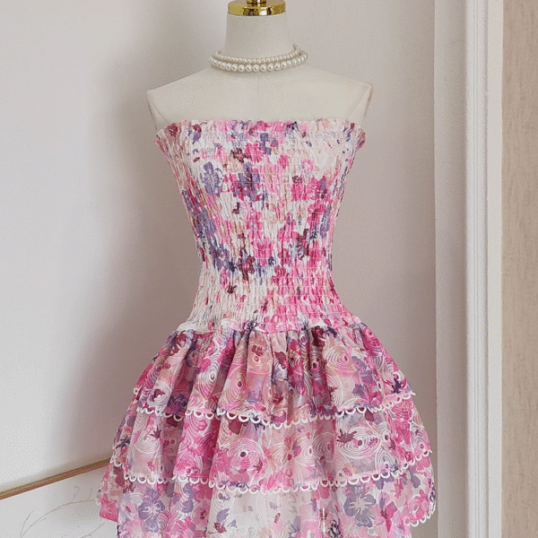 Cute A line Strapless Sleeveless Pink Floral Cocktail Dress Short Birthday Outfits SD388