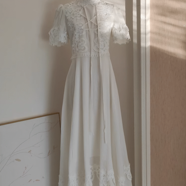 Cute A line High Neckline Short Sleeves Lace White Party Dress Chiffon Holiday Dresses SD348