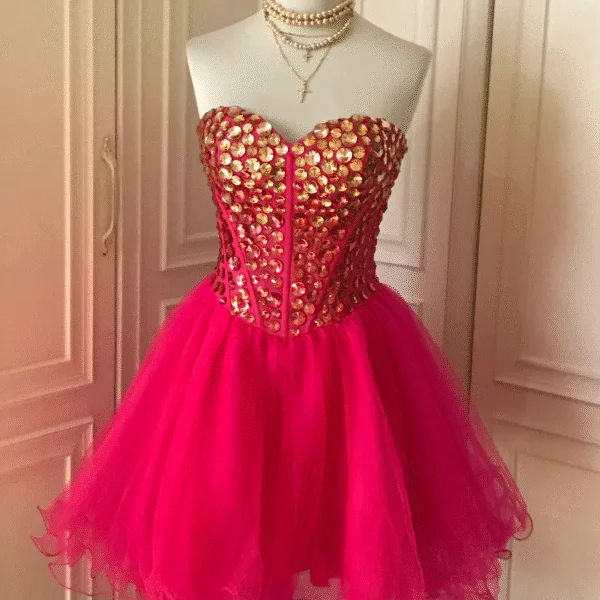 Gorgeous Strapless Red Tulle Beaded Formal Birthday Outfits Homecoming Dress S543