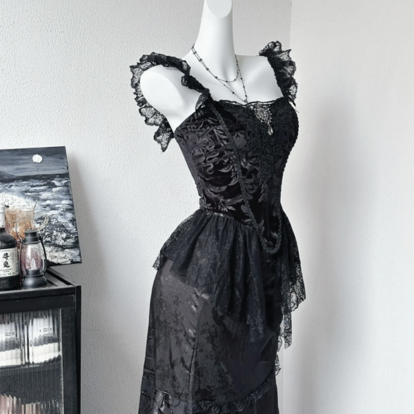 Vintage Black Satin Lace Long Party Dress Evening Dress S648