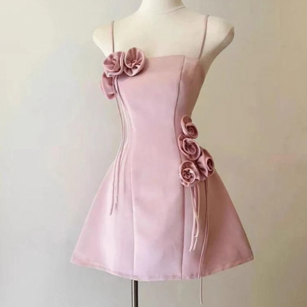 Cute Pink 3D Flower A Line Short Party Dress Homecoming Dress S199