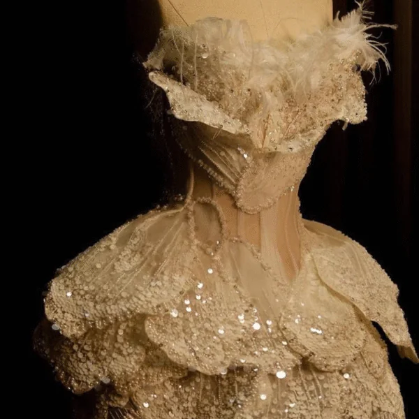 Classy Strapless Sequins Beaded Feathers Cocktail Dress White Mini Birthday Dress S254