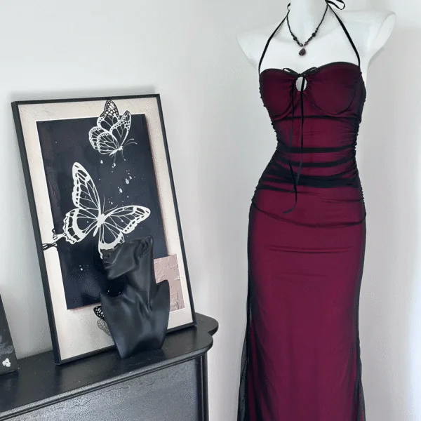 Vintage Spaghetti Straps Burgundy Bodycon Long Party Dress Birthday Dress S628