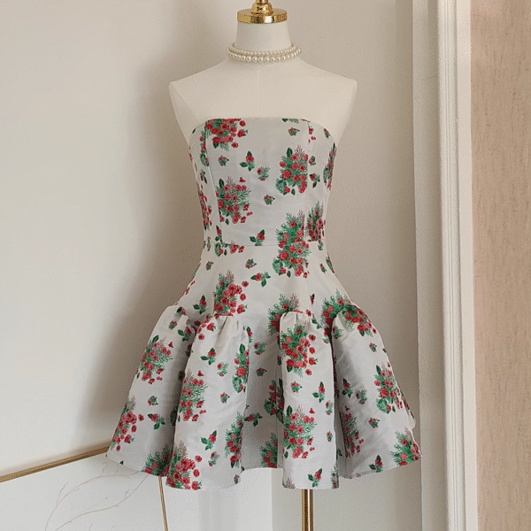 Cute A line Strapless Sleeveless Red Floral Party Dress Short Birthday Dresses SD352