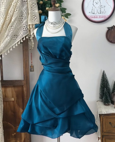Unique Peacock Blue Halter A Line Homecoming Dress Cocktail Dress S334