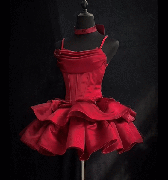Elegant Red Spaghetti Straps Layered Short Birthday Party Dress 8th Grade Homecoming Dress S653