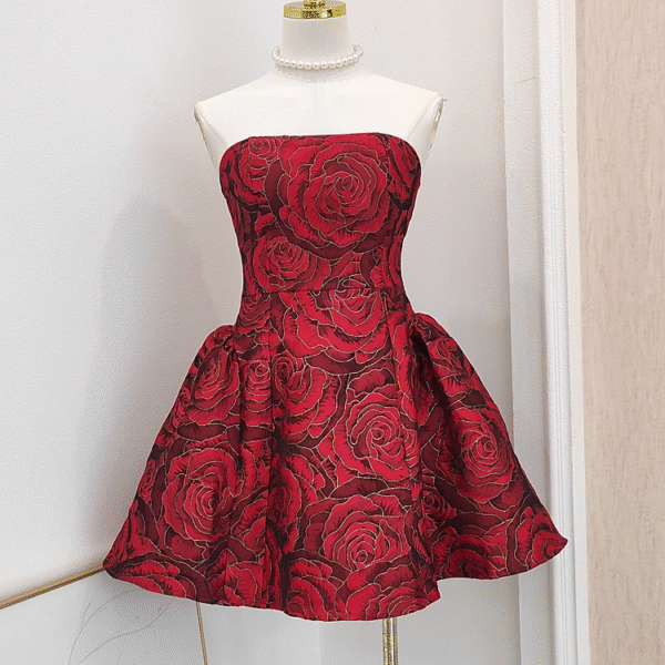 Cute Ball Gown Strapless Red Satin Floral Cocktail Dress Short Birthday Outfits SD402