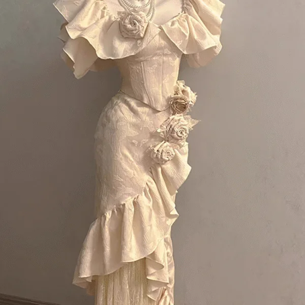 Chic Sheath Square Neckline Floral ivory Long Party Dresses Birthday Outfits With Cap Sleeves SD447