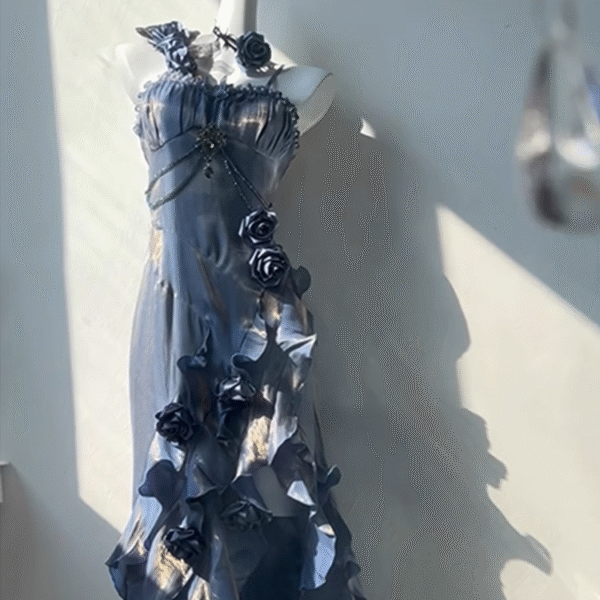 Chic Sheath Spaghetti Straps Floral Blue Long Party Dresses Birthday Outfits With Sleeves SD440