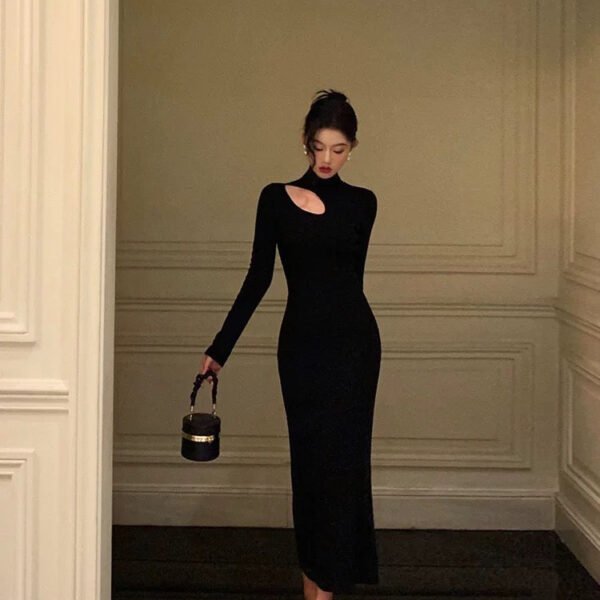 Sexy Sheath High Neckline Black Long Sleeves Prom Dresses Birthday Outfits SD407