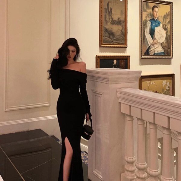 Sexy Sheath Off The Shoulder Black Slit Long Sleeves Prom Dresses Birthday Outfits SD405