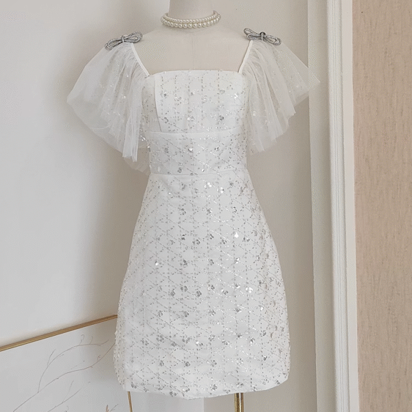 Cute A line Square neckline Tulle White Sequin Party Dress Short Birthday Dresses With Beads SD378