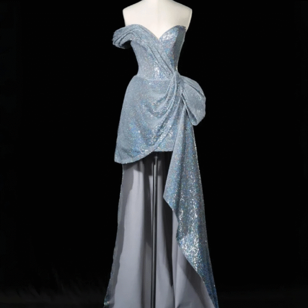 Glitter Blue Off The Shoulder Sequins Birthday Dress Formal Graduation Homecoming Dress S478