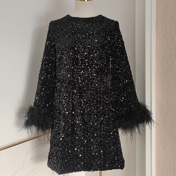 Cute A line Scoop Black Travel Vacation Dresses Short Sequin Birthday Dress SD320