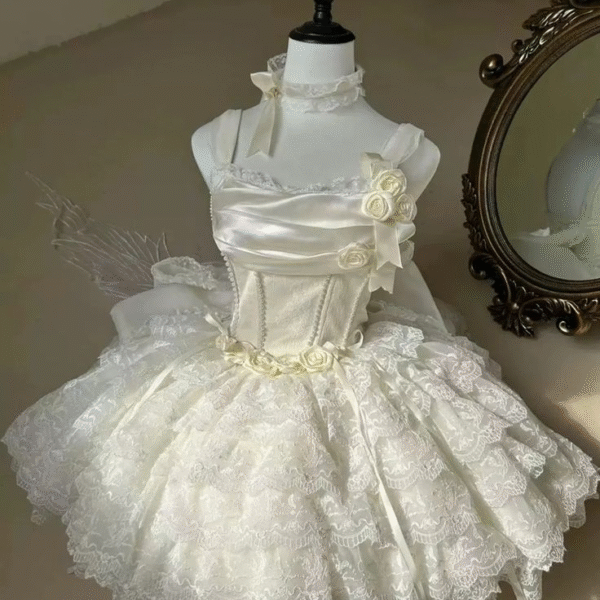Classy Beige Floral Design Lace Layered Princess Birthday Dress With Big Bow  S397