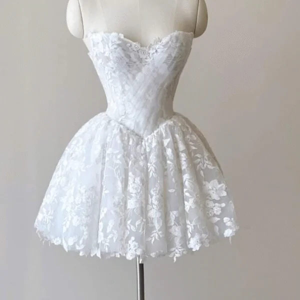 White Strapless Lace A Line Birthday Dress Short Prom Dress S228