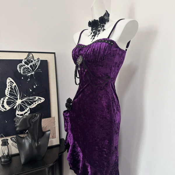 Pretty Spaghetti Straps Purple Velvet Ruffle Party Dress Birthday Evening Dress S633
