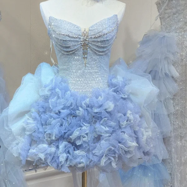 Classy Strapless Blue Tulle Pleated Beaded Birthday Outfits Homecoming Dress S261