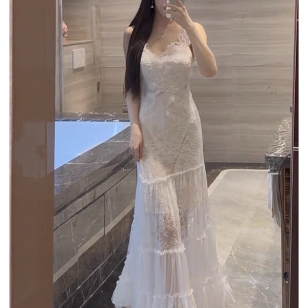 Sexy A line Spaghetti Straps Lace White Chiffon Beach Dress Women's Vacation Dresses SD1142
