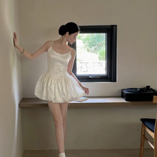 Cute Ball Gown Spaghetti Straps White Satin Short Ballet Skirt Birthday Dresses Birthday Outfits SD1166
