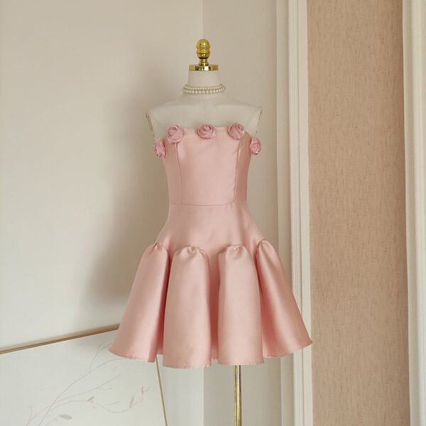 Cute A line Strapless Pink Satin Travel Vacation Dresses Short Birthday Dress SD1247