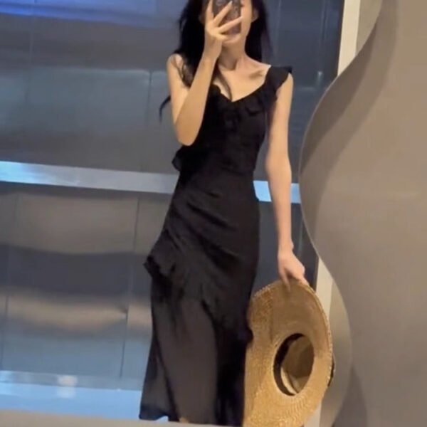 Sexy Sheath V Neckline Ruffled Black Chiffon Beach Dress Women's Vacation Dresses SD1140