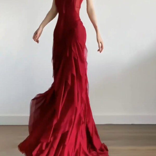 Sexy Mermaid Spaghetti Straps Red Chiffon Ruffles Birthday Dresses Long Prom Dress SD1160