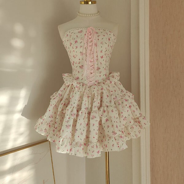 Sexy A line Strapless Floral Holiday Dress Travel Vacation Dresses Short Chiffon Birthday Dress SD1262