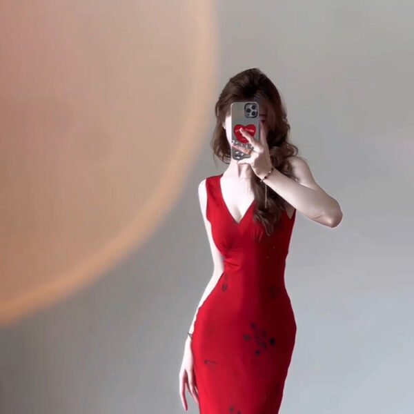 Sexy Mermaid V Neckline Christmas Dress Red Satin Prom Dresses Birthday Outfits SD1170