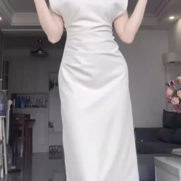 Retro Mermaid Satin White Prom Dresses Birthday Outfits With Ruffle SD1143