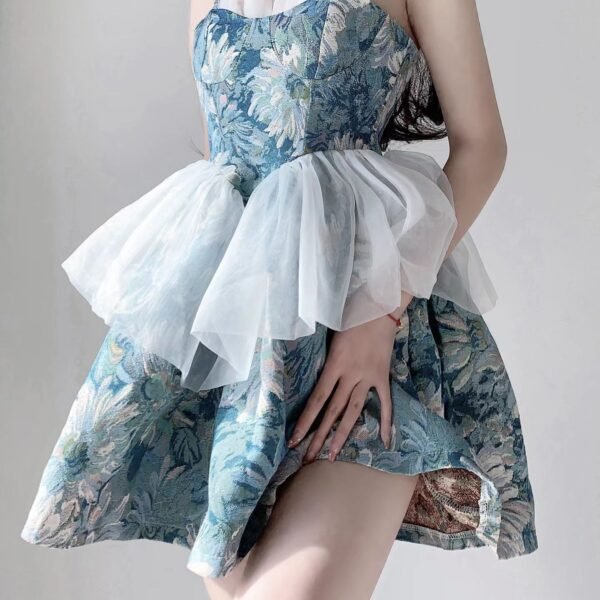 Simple Ball Gown Spaghetti Straps Blue Satin Floral Holiday Dress Birthday Dresses Birthday Outfits SD1238