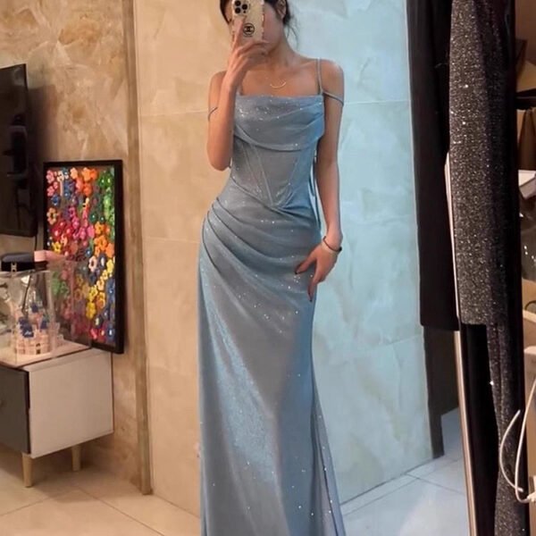 Retro Mermaid Spaghetti Straps Blue Sequin Prom Dresses Birthday Outfits With Ruffle SD1139