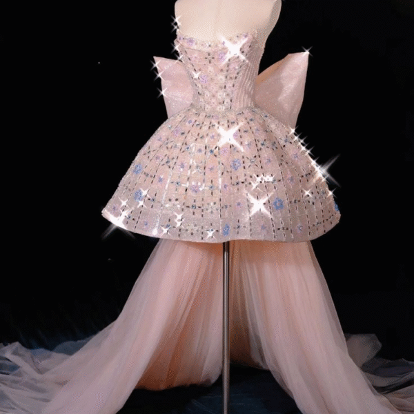 Glitter Strapless Tulle Beaded Mini Birthday Dress Pink Homecoming Dress With Bow S257