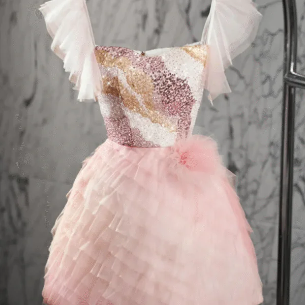 Cute Square Neck Pink Tulle Sequin homecoming Dress Mini Birthday Outfits  S365