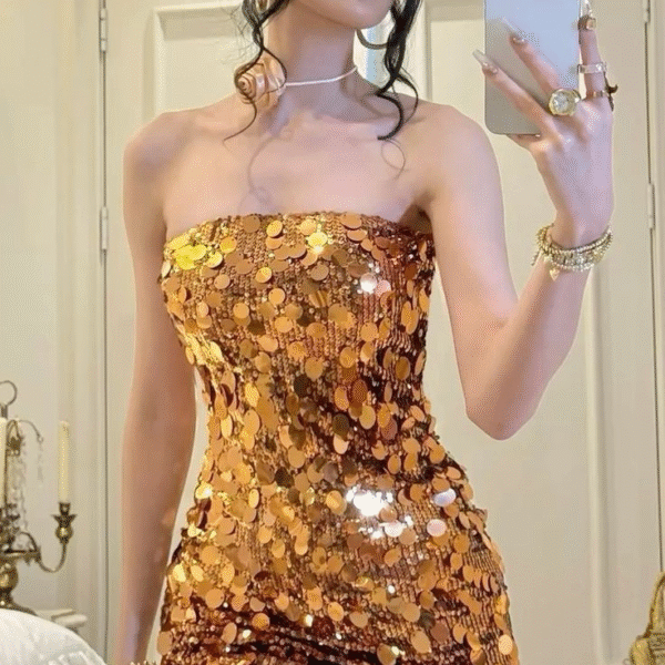 Gorgeous Gold Sequin Strapless Sheath Homecoming Dress Mini Birthday Dress S251