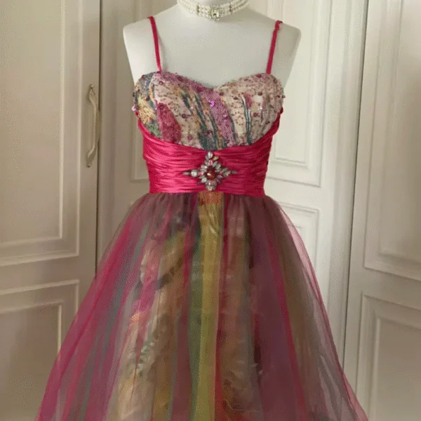 Vintage Spaghetti Straps Tulle Sequin Beaded Mini Homecoming Dress Party Dress S542