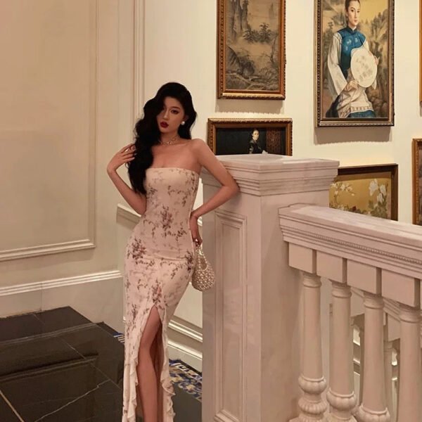 Classy Sheath Strapless Floral Ivory Long Prom Dresses Birthday Outfits Evening Gown SD1001