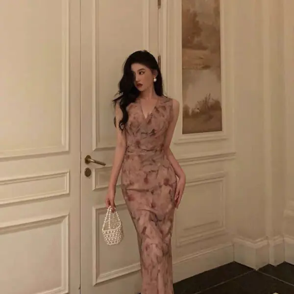 Sexy Sheath V Neckline Long Pink Floral Prom Dresses Birthday Outfits Evening Gown SD1002