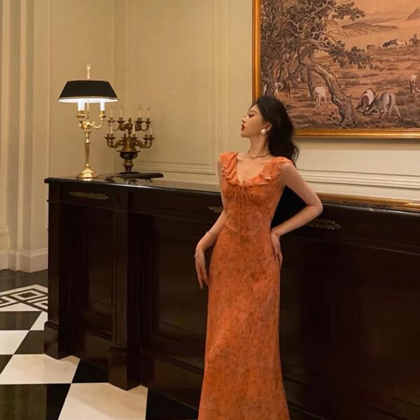 Classy A line V neckline Orange Chiffon Long Prom Dresses Birthday Outfits Evening Gown SD1011