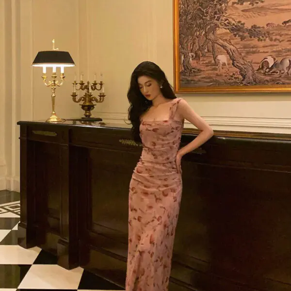 Sexy Sheath Square Neckline Floral Pink Prom Dresses Birthday Outfits Evening Gown SD1025