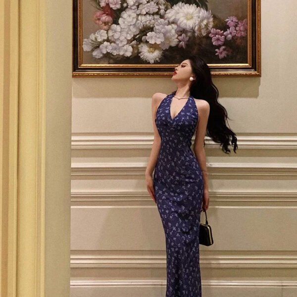 Sexy Sheath V Neckline Floral Blue Prom Dresses Birthday Outfits Evening Gown SD1028