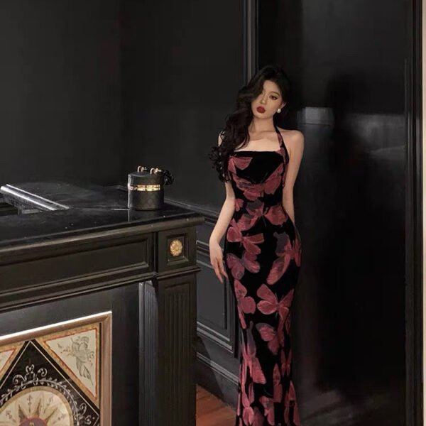 Sexy French Sheath Halter Floral Prom Dresses Birthday Outfits Evening Gown SD1041