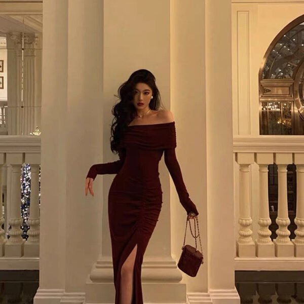 Sexy French Sheath Off The Shoulder Burgundy Split Prom Dresses Birthday Outfits Evening Gown SD1043