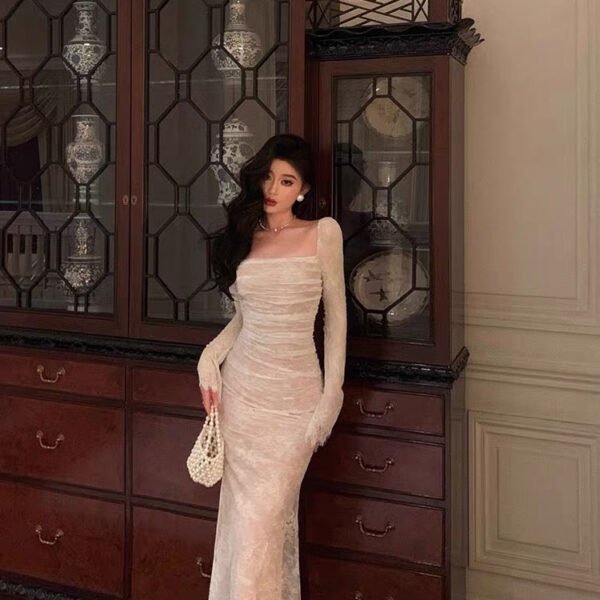 Sexy French Mermaid Square Neckline Lace White Prom Dresses Birthday Outfits Evening Gown SD1049