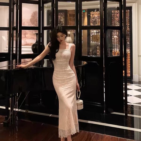 Sexy French Mermaid Square Neckline Lace White Prom Dresses Birthday Outfits Evening Gown SD1051