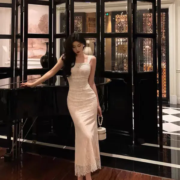 Sexy French Mermaid Square Neckline Lace White Prom Dresses Birthday Outfits Evening Gown SD1051