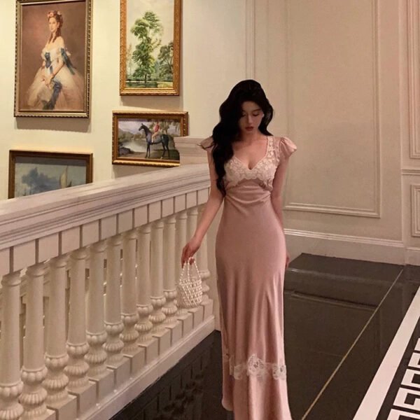 Sexy French Sheath V Neckline Long Pink Prom Dresses Birthday Outfits Evening Gown SD1053