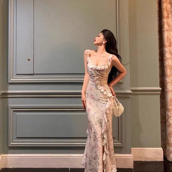 Sexy French Sheath Square Neckline Floral Pink Prom Dresses Birthday Outfits Evening Gown SD1054